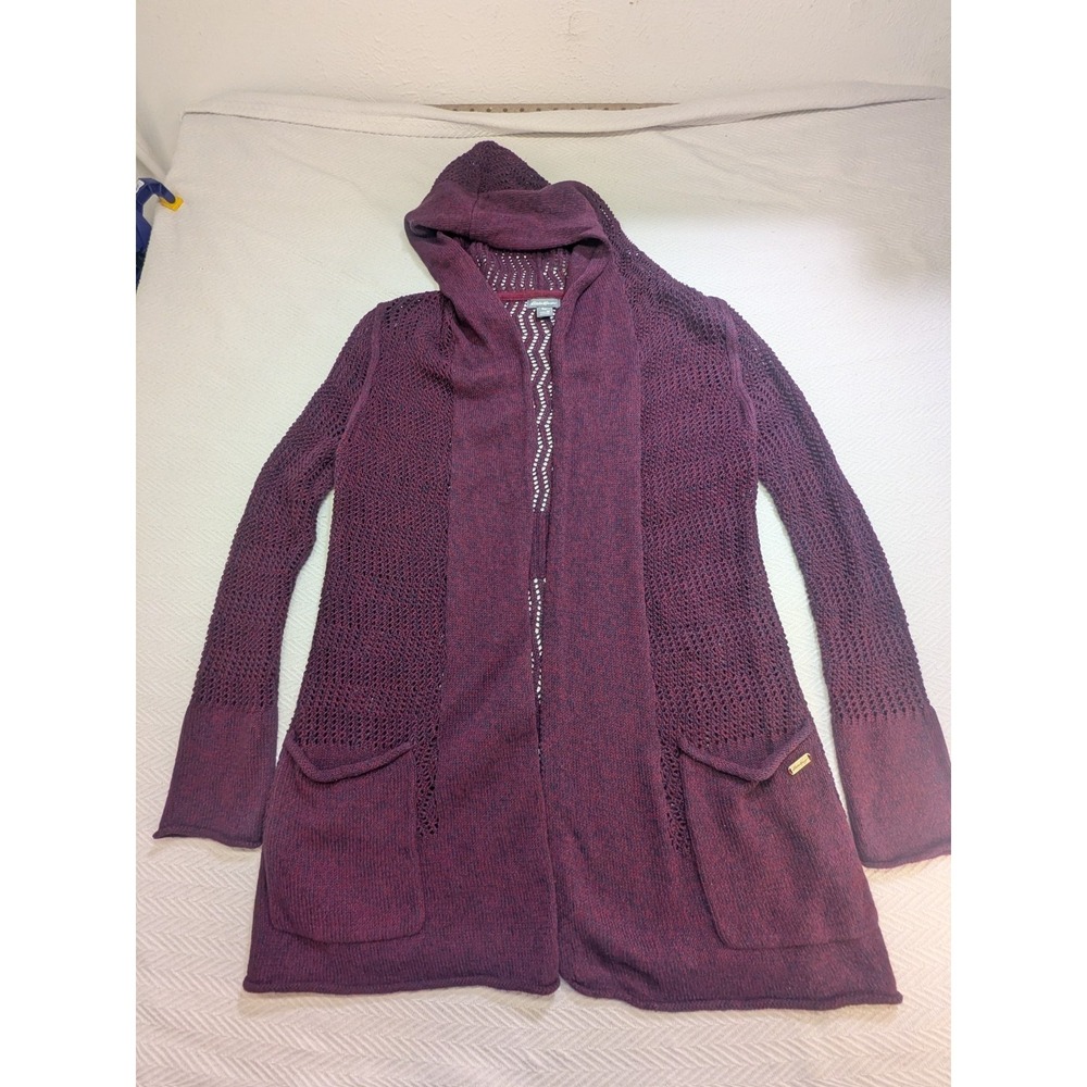 Eddie Bauer Women's Bohemian Cardigan Open Knit Hooded Hippie Indie Burgundy M